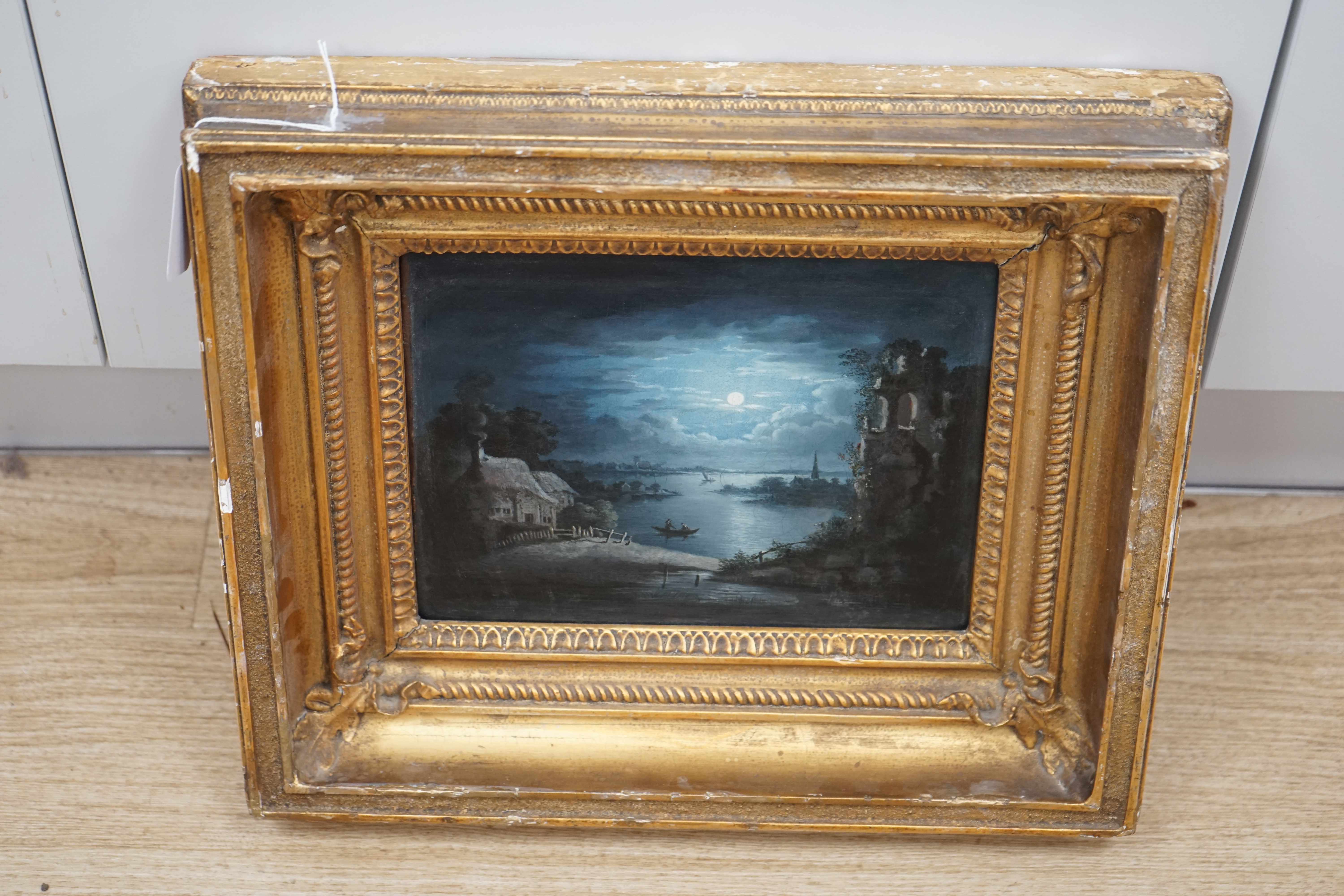 Pever?, 19th century, oil on canvas, Moonlit scene with cottages and boats, 19.5 x 20.5cm, ornate gilt framed. Condition - fair to good, some losses to the frame